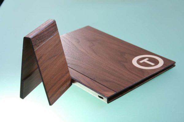 Bamboo veneer wooden menu cover with bonded leather spine.